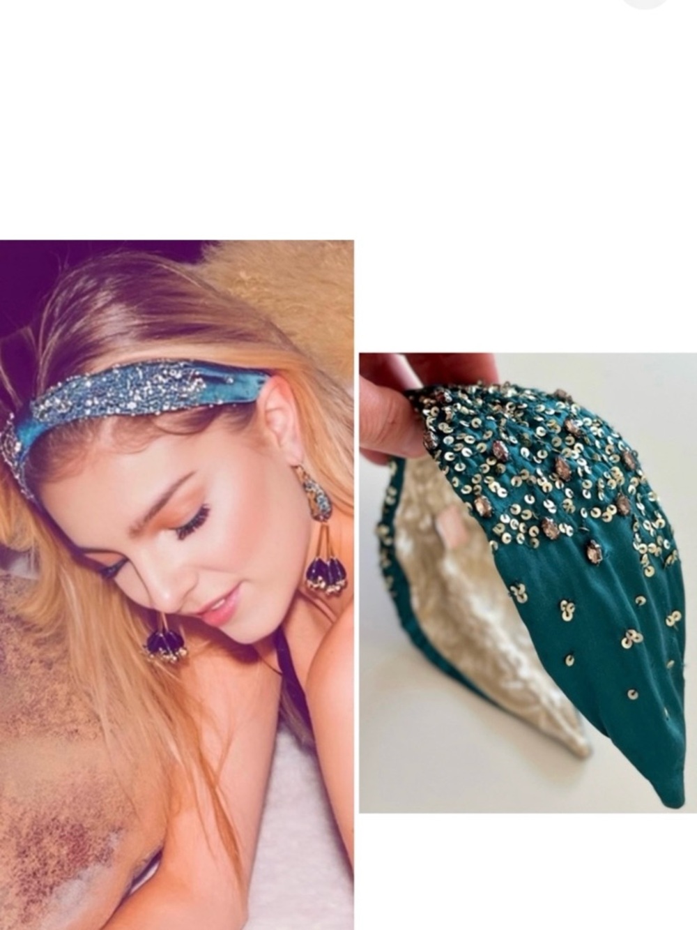 NORDSTROM + NFC Fancy Hand Beaded Crystal Teal Turban Style Glam Hair Headband